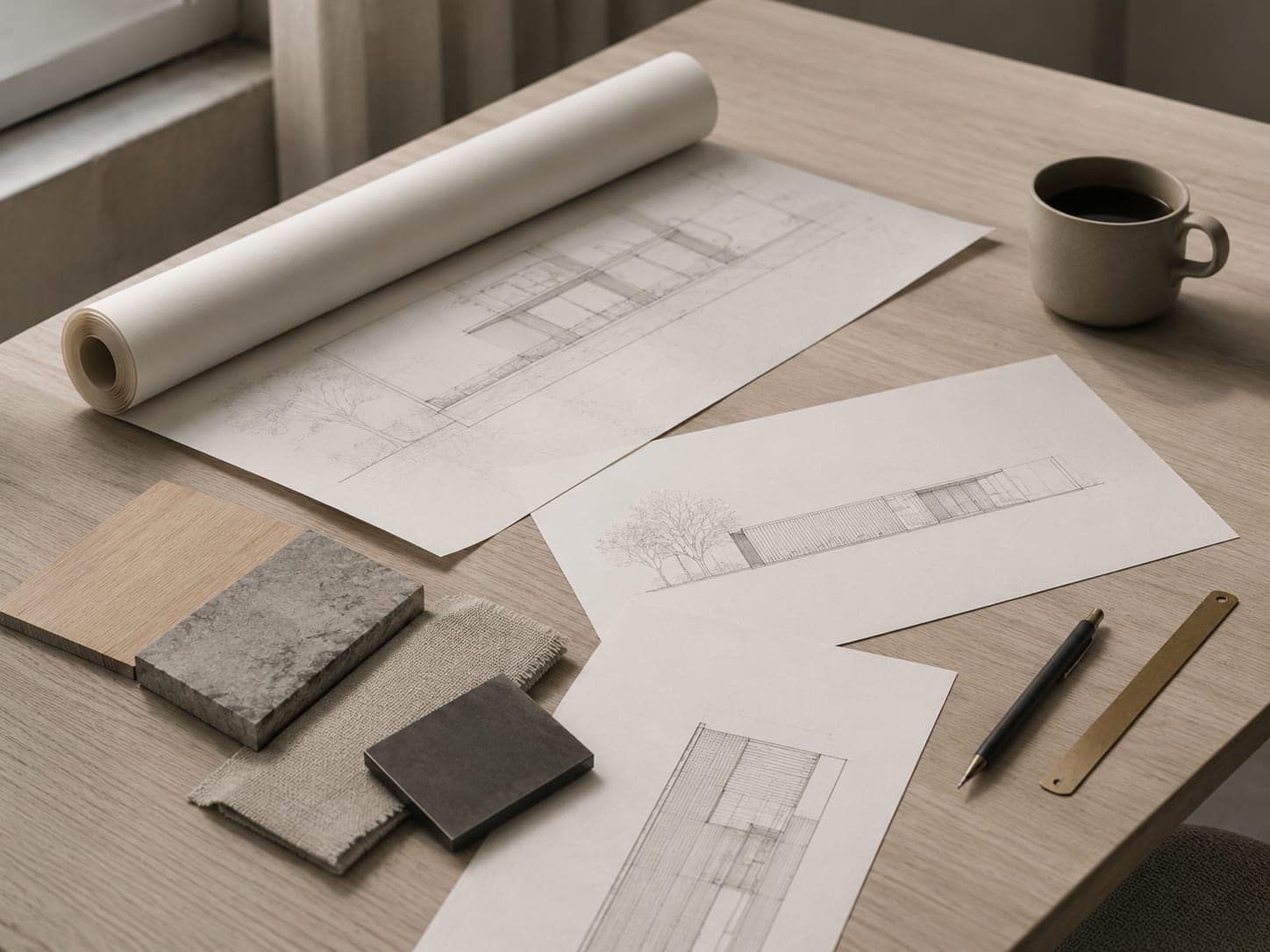 Architectural drawings and a warm material palette on a design table